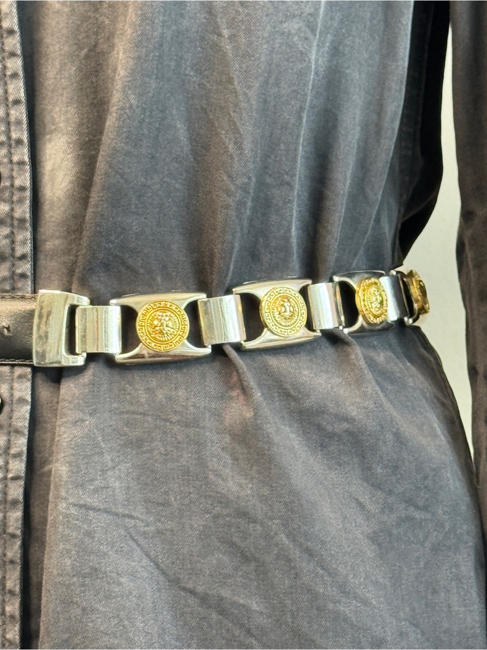 Vintage 90s Lion Lions Face Black Leather Medal Women Buckle Belt Golden Silver - Picture 4 of 12